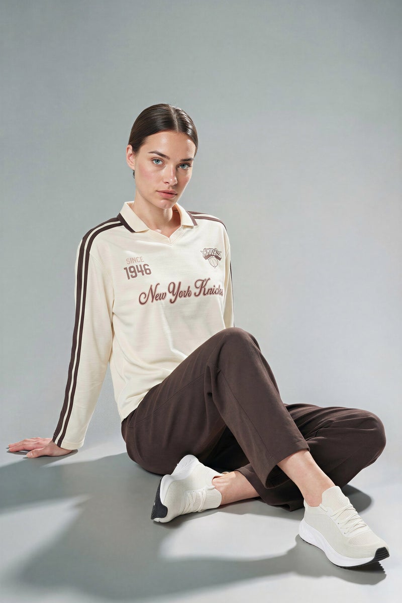 DeFacto Beige Woman NBA New York Knicks Oversize Tulle Long Sleeve Polo T-shirt Casual - Image 1